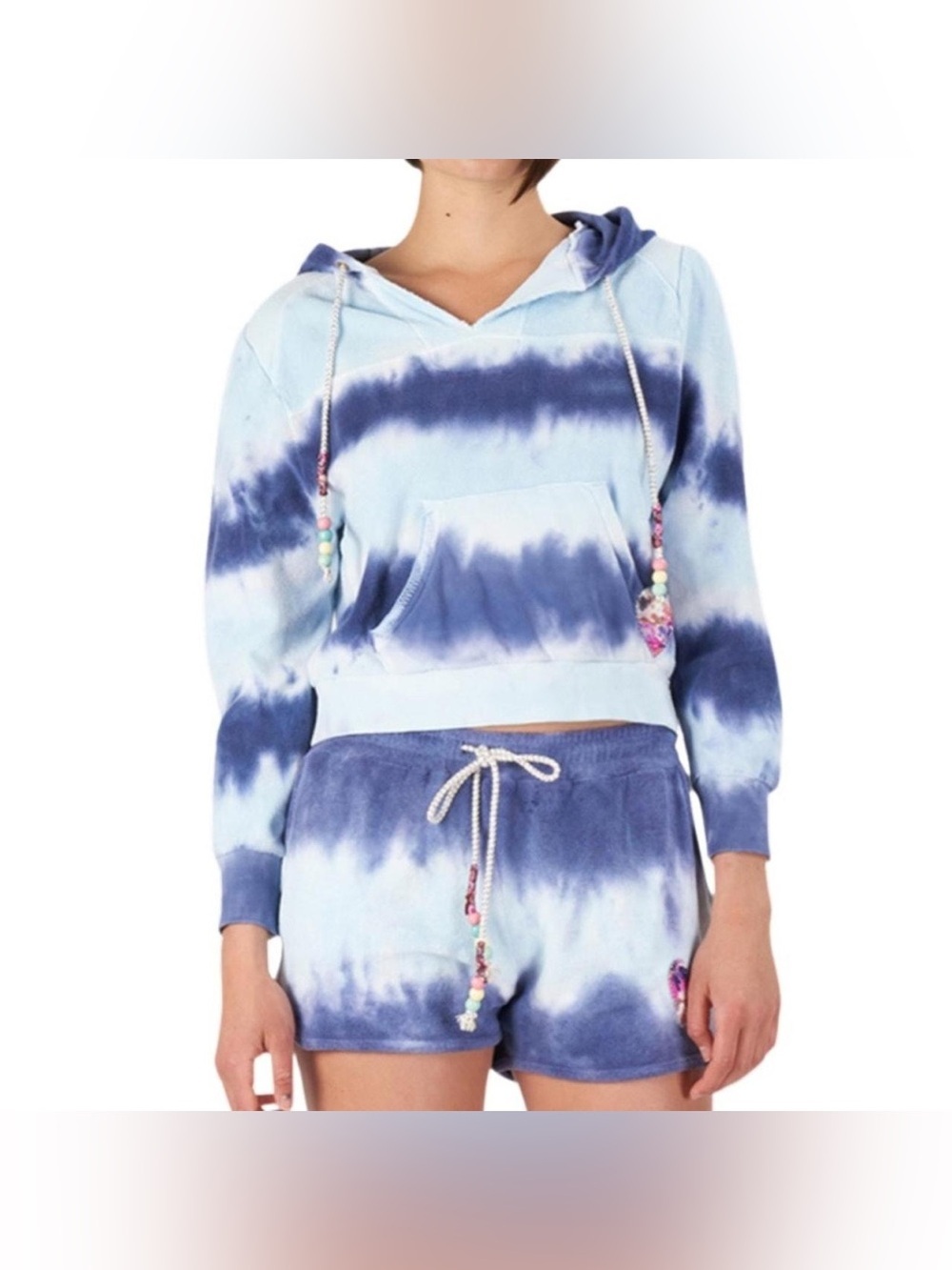 LoveShackFancy Kirby Hoodie Beaded Drawstring Tie Dye Blue Small